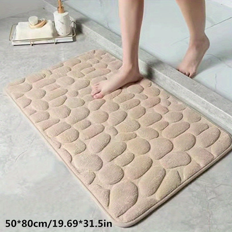 1pc Geometric Pattern Memory Foam Bath Rug with PVC backing, machine washable, low pile, flat woven polyester. Non-slip and absorbent, suitable for bathroom or toilet use. 670gsm, 1.5cm thick.