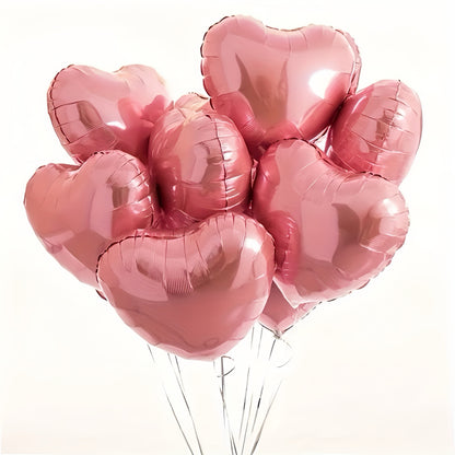 10 heart-shaped foil balloons for Valentine's Day, birthdays, weddings, anniversaries, themed events, engagements, and parties.