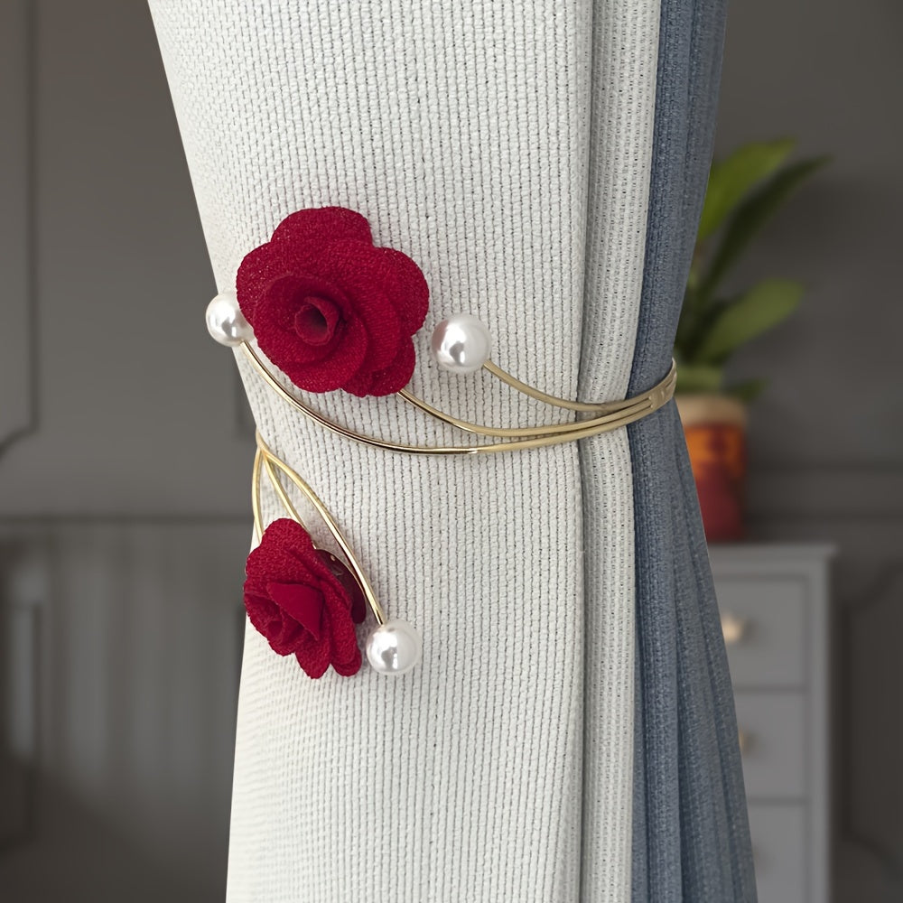 Set of 2 Rose Flower Design Curtain Tiebacks, Made with Metal and Polyester, Ideal for Holding Back Curtains and Adding a Decorative Touch to Your Space