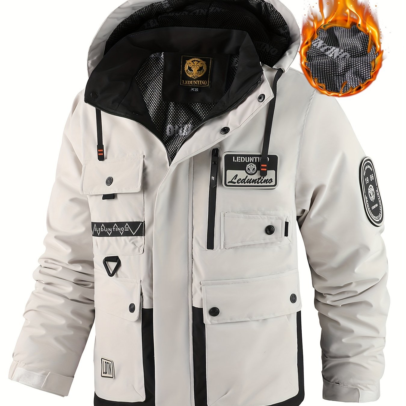 Men's white windproof jacket with detachable hood, multi-pocket design, suitable for autumn and winter casual wear. Machine washable.