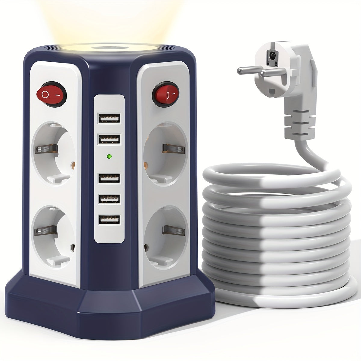 STGAROT 13-in-1 multi-power outlet with 5 USB-A ports, 8 AC sockets, 4 switches, night light, 3m cable, for home and office.