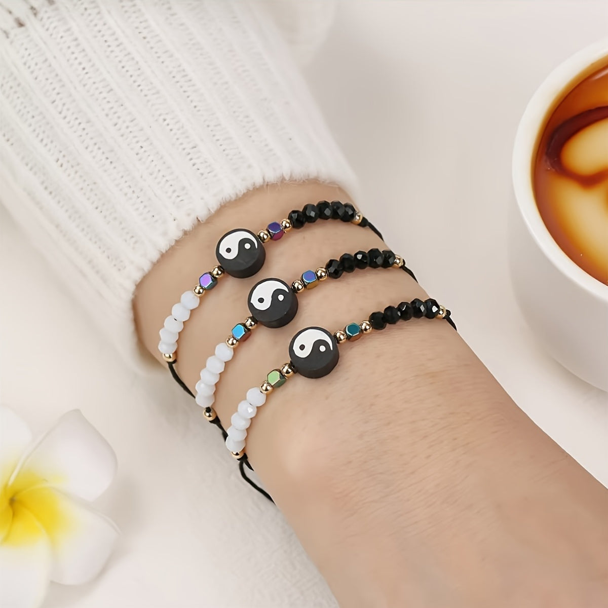 Bracelets with a Black and White Tai Chi Bagua Design, Perfect for Couples Across Borders.