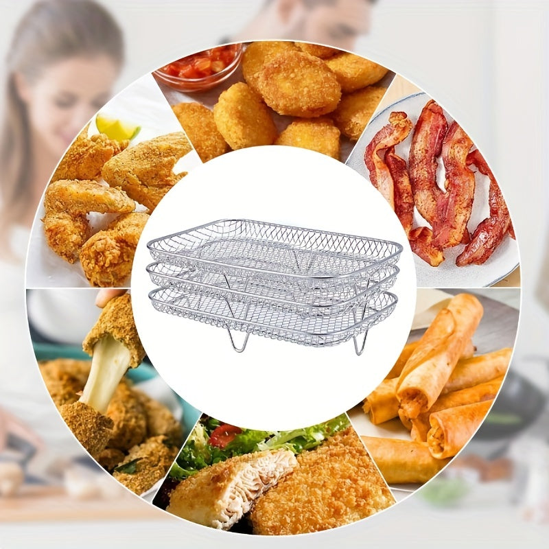 One set of air fryer accessories includes a three-layer square grill rack, steam rack, stainless steel stackable rack, dehydration rack, barbecue basket, barbecue rack, drainage basket, filter rack, food frying basket, and oil brush.