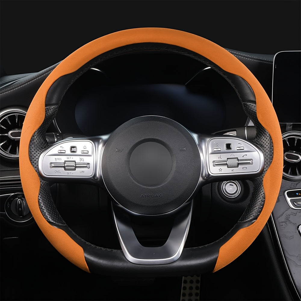 Non-slip, universal steering wheel cover with sweat-absorbing buckle for cars.