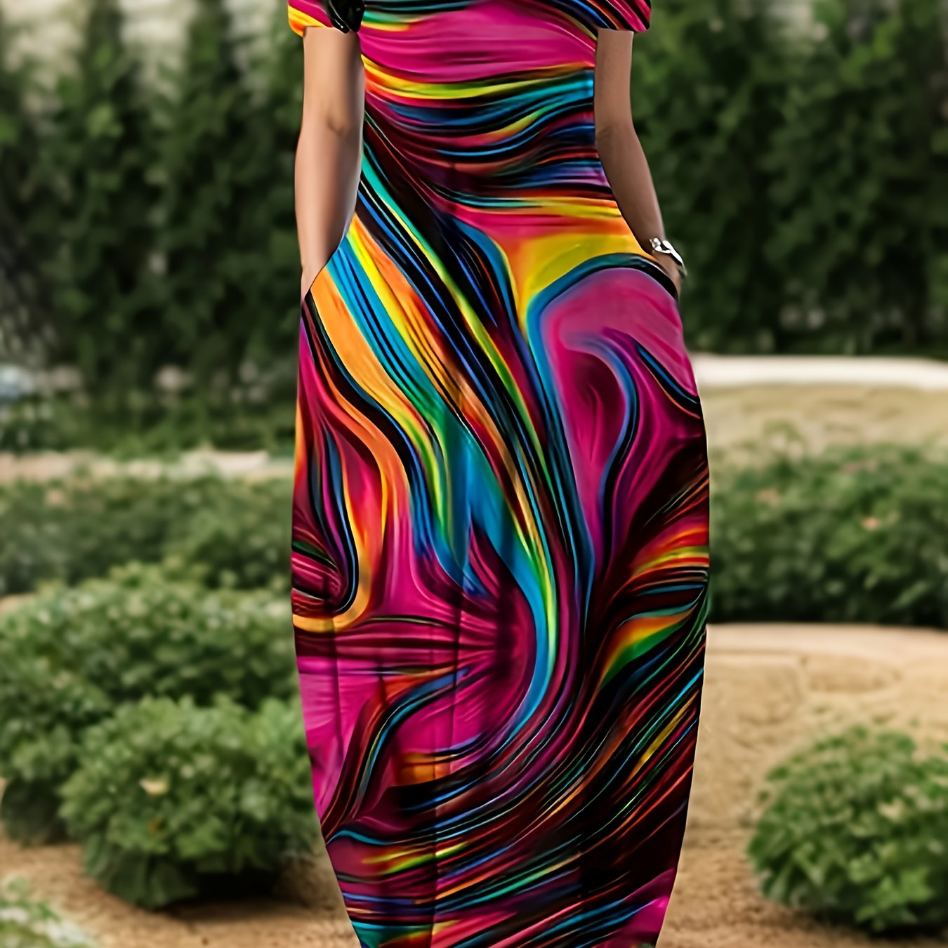 Plus Size Allover Print Maxi Dress for Spring & Summer, Casual Short Sleeve Crew Neck, Women's Plus Size Clothing