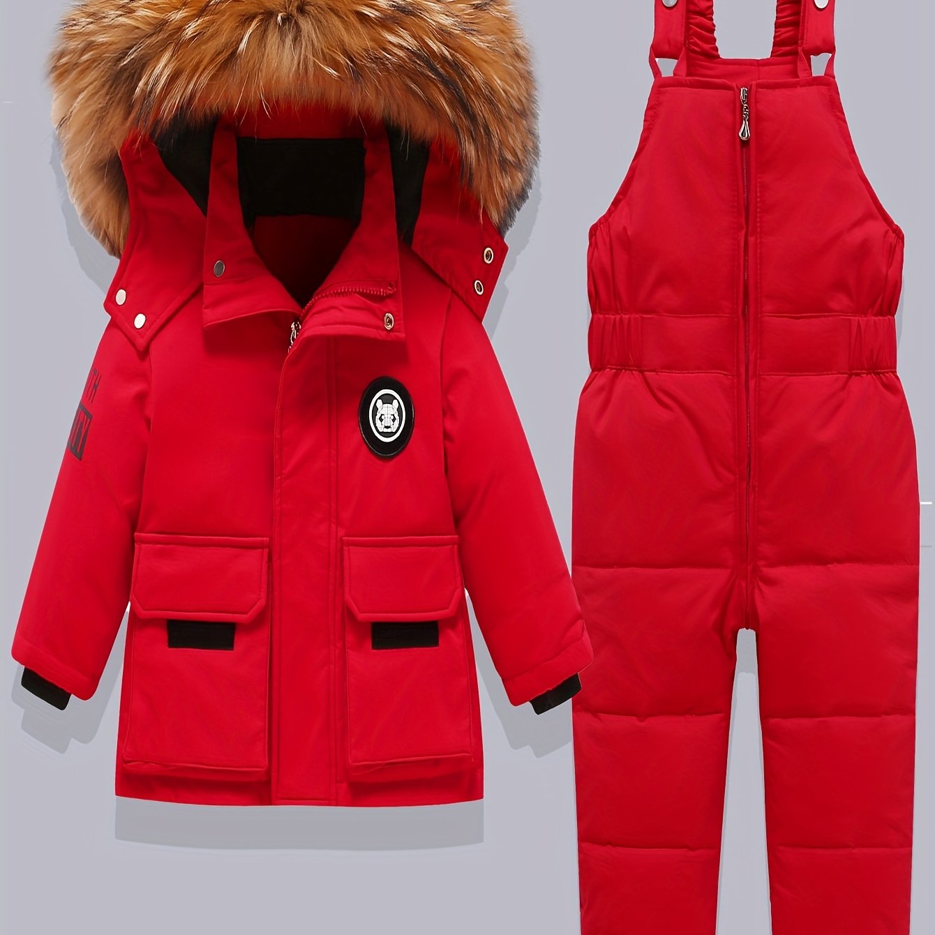 Kids Winter 2pcs Set: Girls Hooded Down Jacket and Pants in Pink, Duck Down Filled, Regular Fit, Non-Stretch Polyester, Woven Fabric, Ideal for Outdoor Activities.