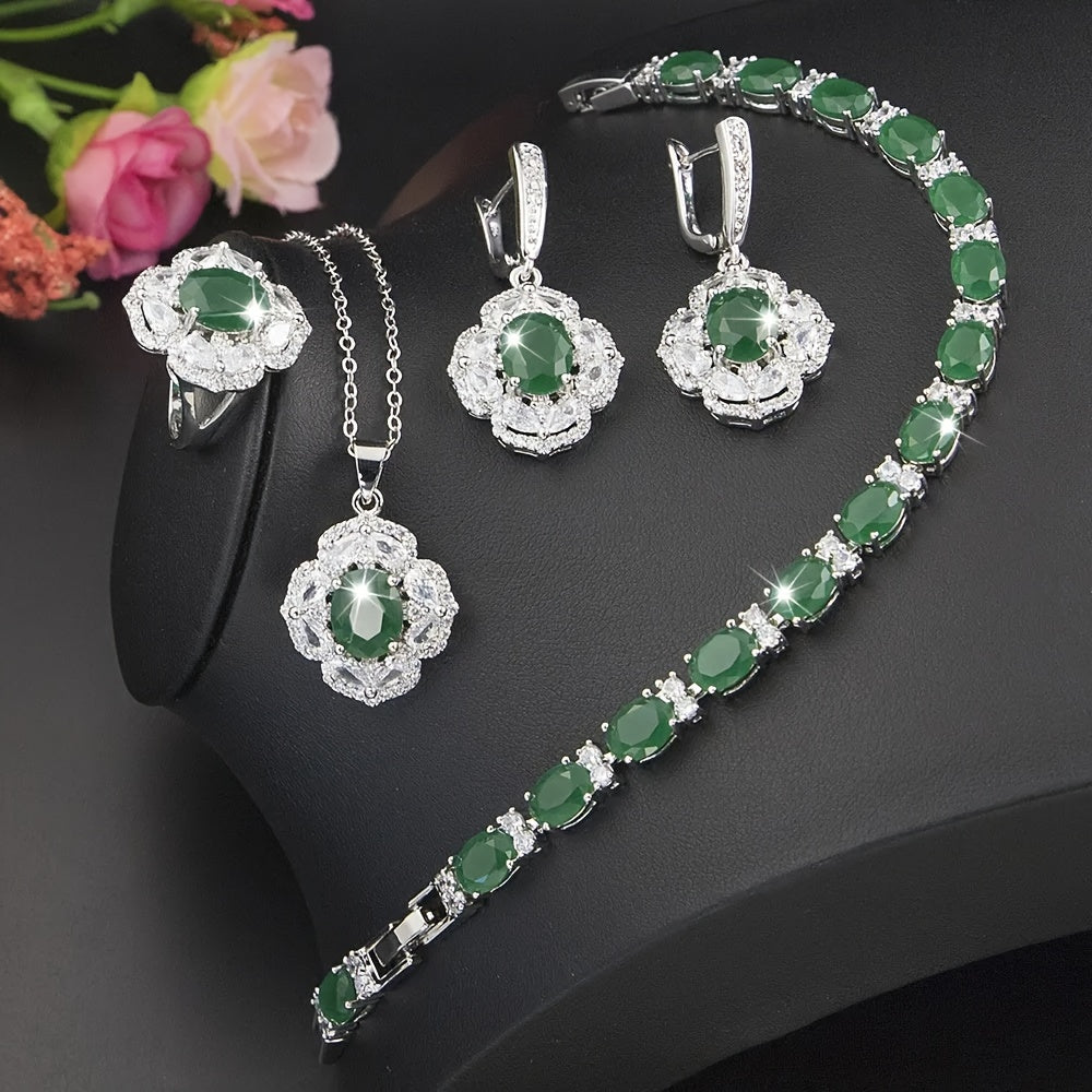 Stylish 5-piece Jewelry Collection for Women - Featuring Green Cubic Zirconia and White Gold Plating, Set includes Earrings, Adjustable Ring, Necklace, and Bracelet - Ideal for Weddings and Special Events.