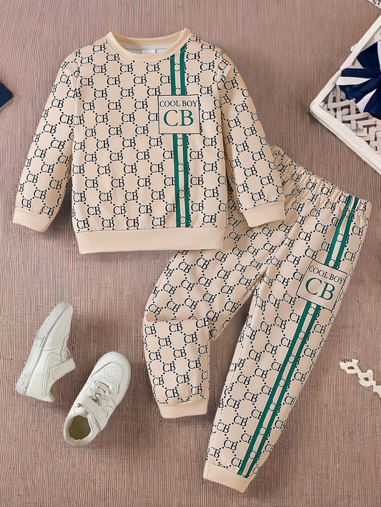 Set of 2 boys' casual crew neck long sleeve T-shirt and pants with alphabet pattern. Made of knit polyester and spandex in a regular fit with medium stretch. Suitable for spring/fall