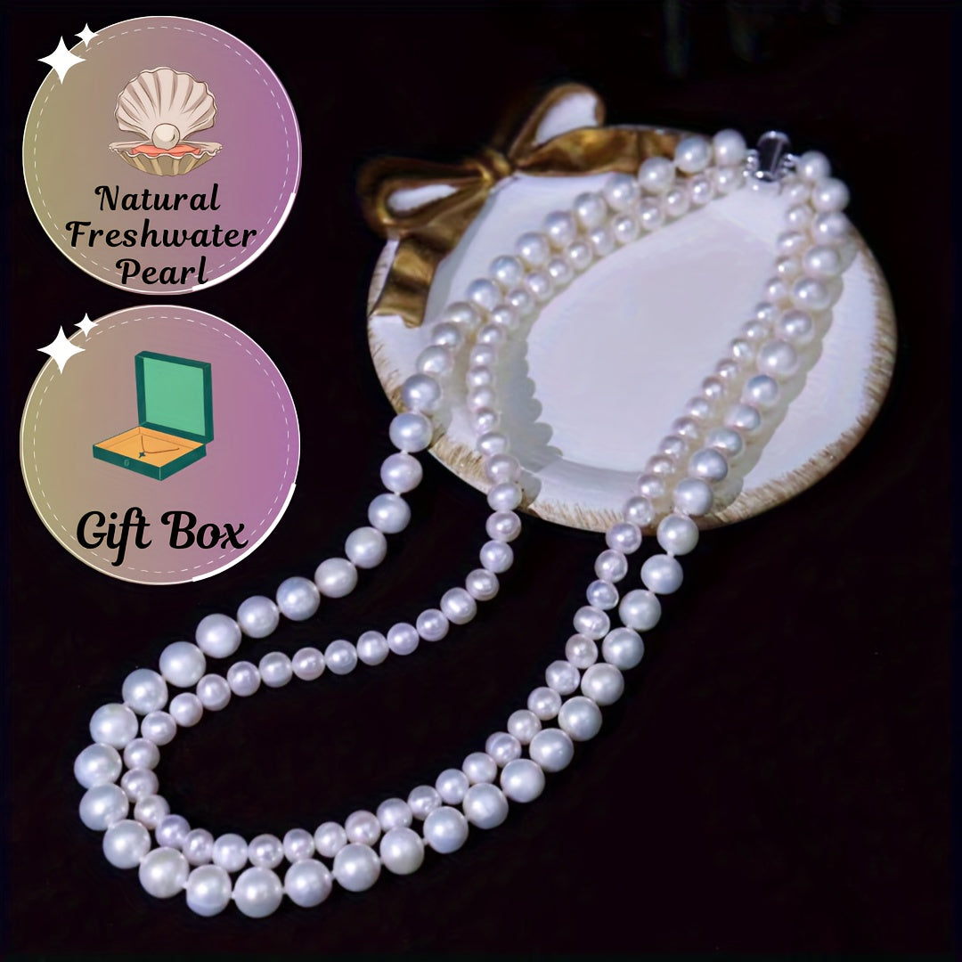 Women's Double Strand Layered Clavicle Chain Necklace with Natural Freshwater Pearls, Timeless and Elegant Fashion Piece for Daily or Special Events, Comes in a Gift Box with Minor Imperfections, Ideal for Valentine's Day Gift.