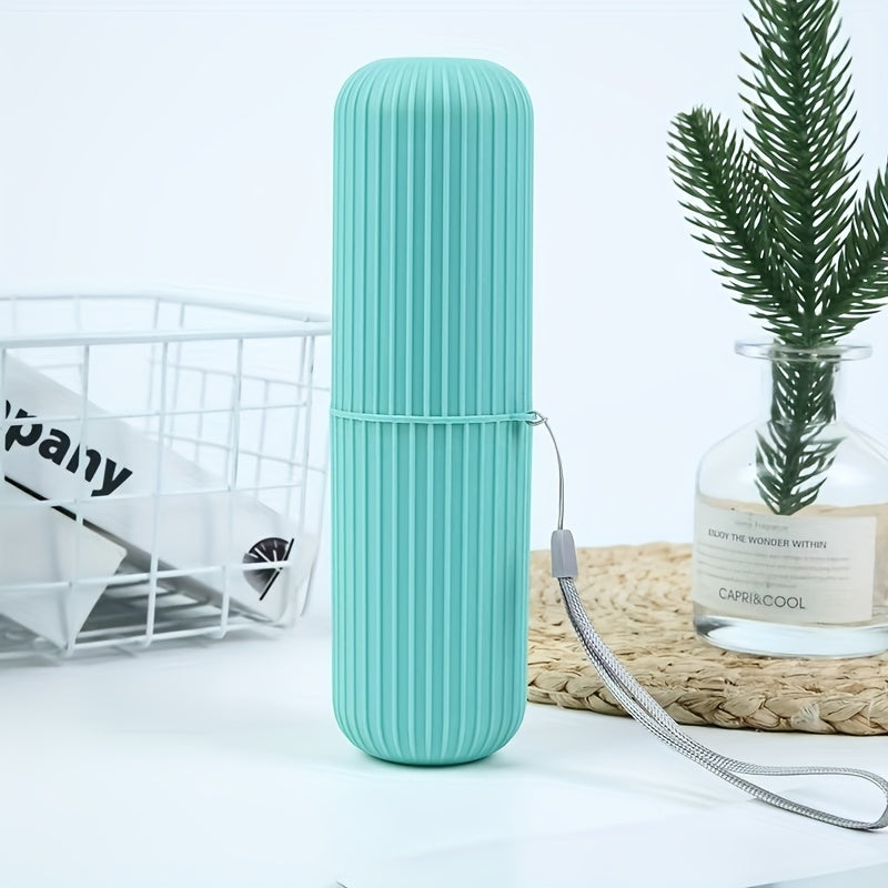 Portable toothbrush holder with rinse cup for travel and bathroom use, hypoallergenic and alcohol-free.