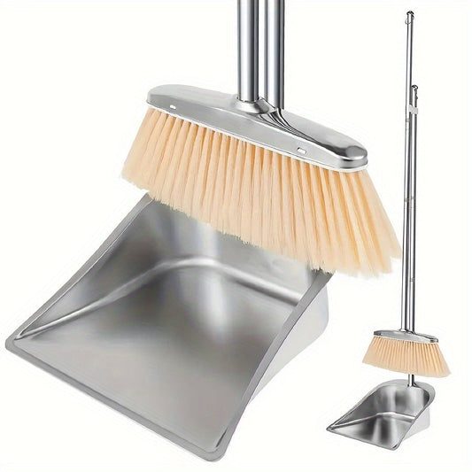 Durable Stainless Steel Broom and Dustpan Combo with Extended Handle - Sleek Polished Design, Complete Cleaning Kit for Home, Kitchen, Indoor & Outdoor Spaces, Convenient Standing Dust Pan, Dustpan Set with Multiple Components