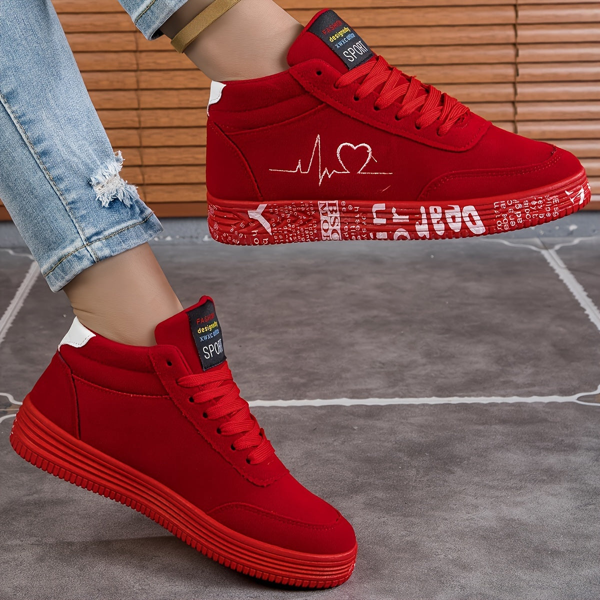 Women's high-top sneakers in red with a white heart and "I Love You" print, featuring a thick EVA sole for lightweight comfort. Made for casual travel with a lace-up design and all-season