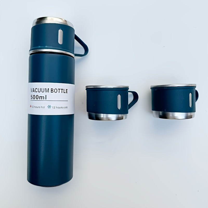 500ml Stainless Steel Vacuum Insulated Flask Set with 2 Cups for Hot and Cold Beverages - Perfect for Business Travel and School