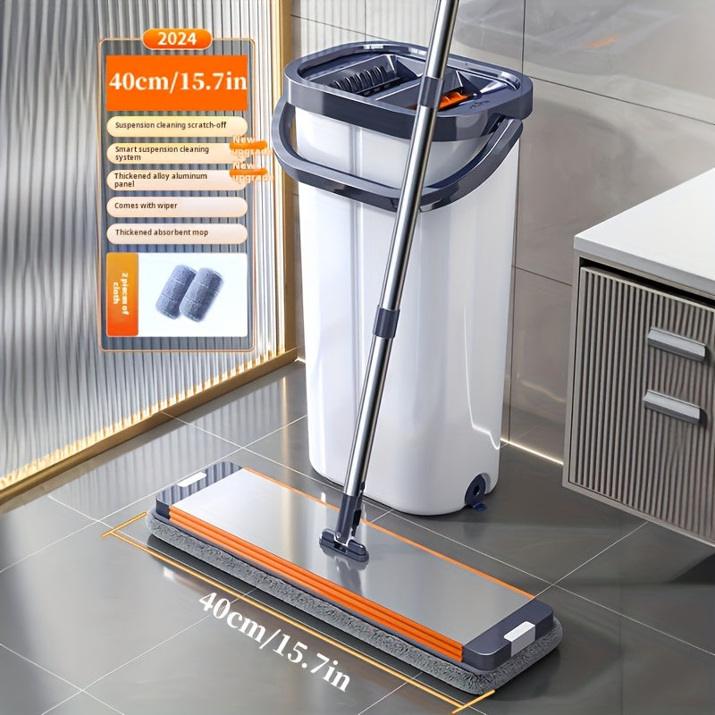 Introducing the Flat Squeeze Mop and Bucket Set with Self-Cleaning System, Constructed from Durable Metal. This manual cleaning system is perfect for home cleaning, with versatile use in living rooms, bedrooms, bathrooms, toilets, and kitchens. The set