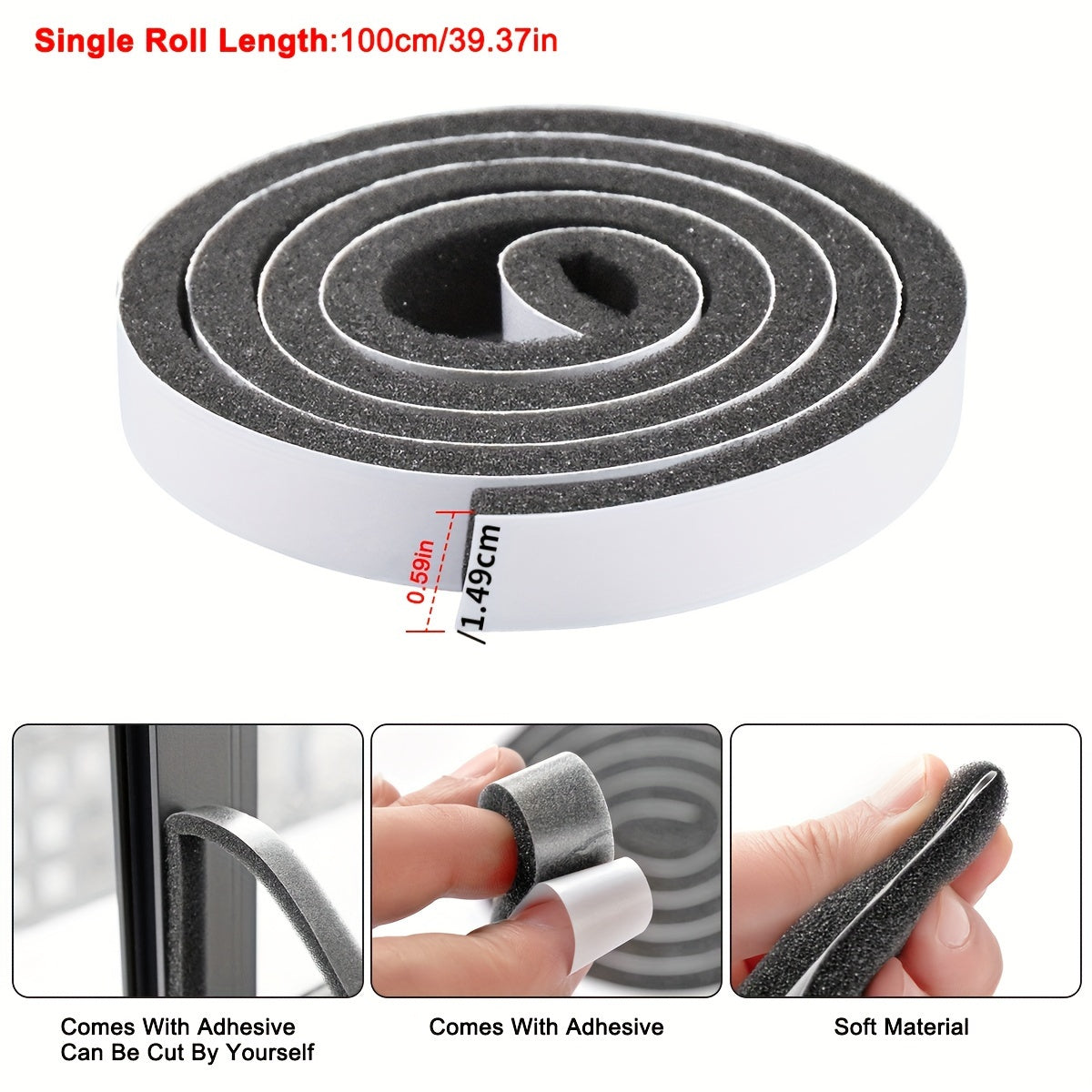 Polyurethane foam weather stripping rolls for doors and windows with soundproofing, windproof aluminum and plastic steel strips, and collision prevention draft stoppers.