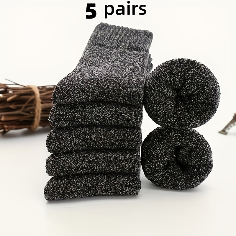 5 pairs of men's thick wool blend mid-calf winter socks in solid colors, soft and warm for casual or cold weather. Gift-ready packaging, quality fabric.