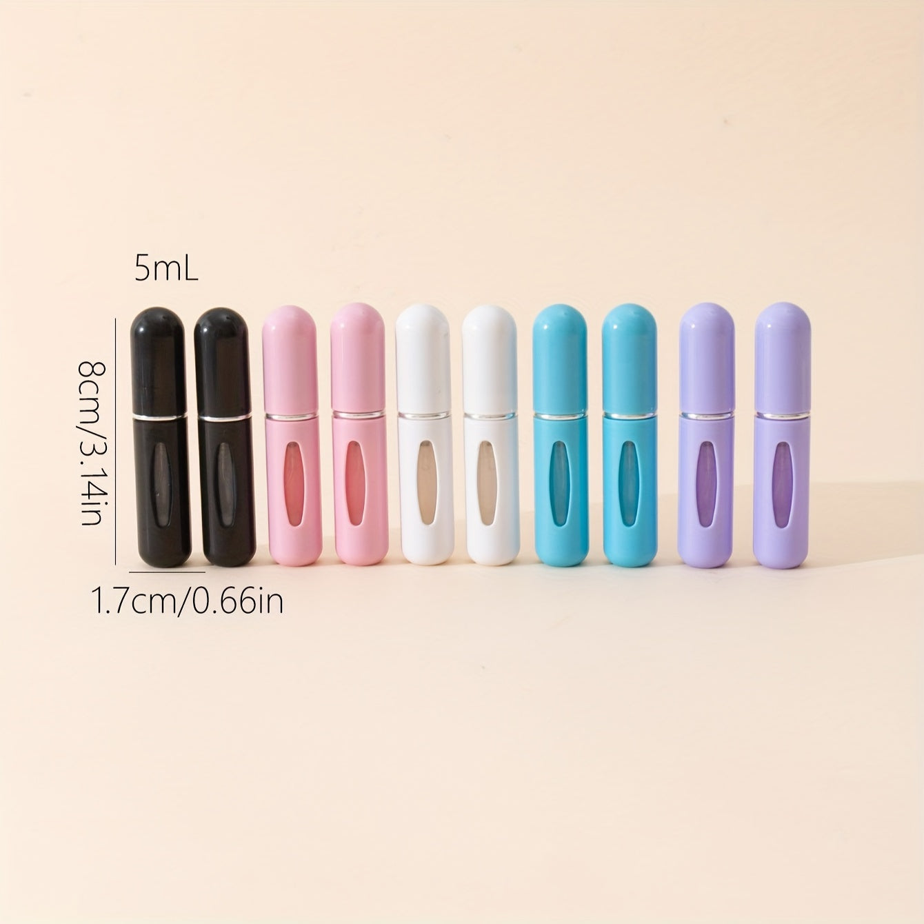 10 count of 5ml portable fine mist spray bottles for perfume, oil, cologne, and liquid. Easy-pump design for convenient travel refill.