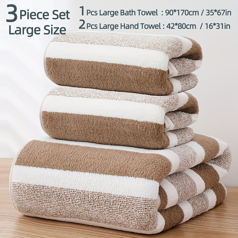 3-piece striped towel set includes 1 bath towel and 2 hand towels. Soft, absorbent, and quick-drying for the bathroom.