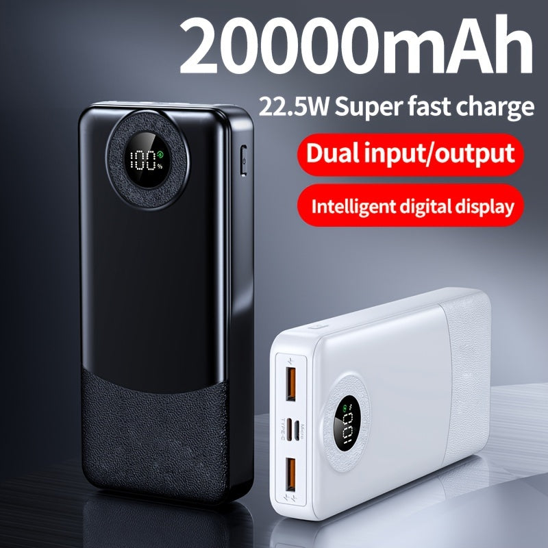 20000mAh power bank with super fast charging, LED display, dual input/output, suitable for iPhone and Android devices. Perfect for outdoor emergencies.