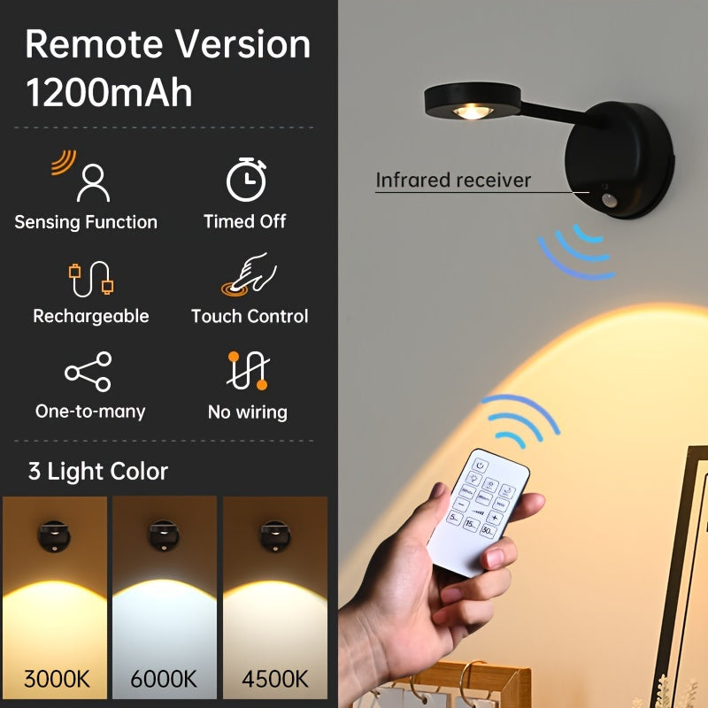 Wall-mounted motion sensor spotlight with remote control, USB rechargeable, adjustable brightness and timer, detachable plastic lamp shade, infrared sensor, battery powered.