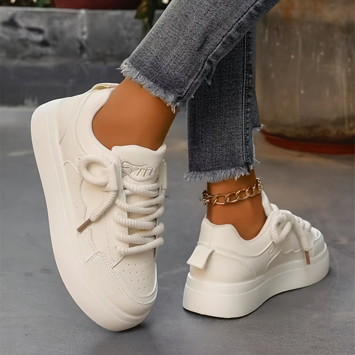 Casual Lace-Up Platform Sneakers for Women, Solid Color with Soft Sole