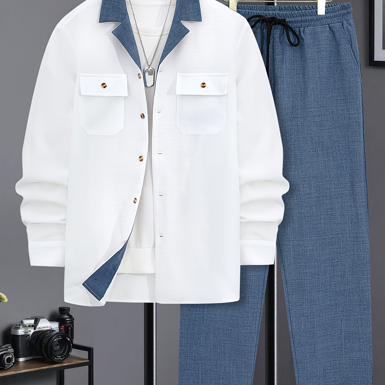 Men's Autumn/Winter Long Sleeve Button Shirt and Casual Pants Set