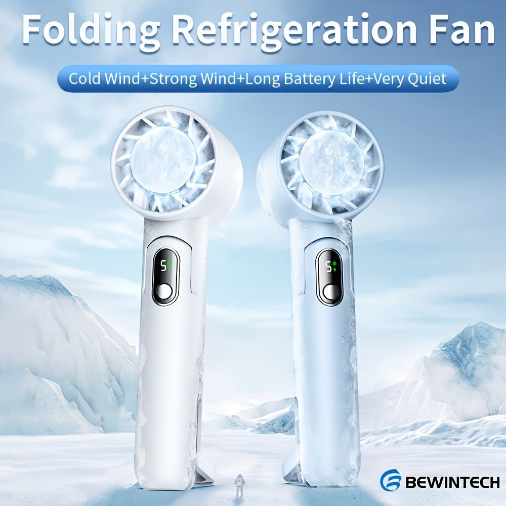 A convenient portable handheld fan featuring an LED display, powerful 4000mAh lithium battery, silent 5-speed operation, foldable 90° design, high-velocity cooling, USB rechargeability, easy button control, perfect for both indoor and outdoor use - a