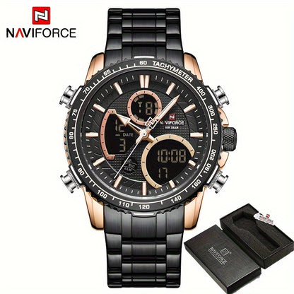 NAVIFORCE Men's Stainless Steel Wristwatch with Night Vision, Multiple Dials, Date Display - Durable and Stylish Timepiece for Outdoor Activities.