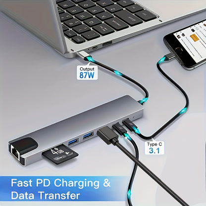 8-in-1 Multi-Port Expansion Dock with USB-C to 4K HDTV Adapter, Ethernet, SD/TF Card Reader, Quick Charging, and USB 3.0/A Ports for MacBook and Windows Laptops.