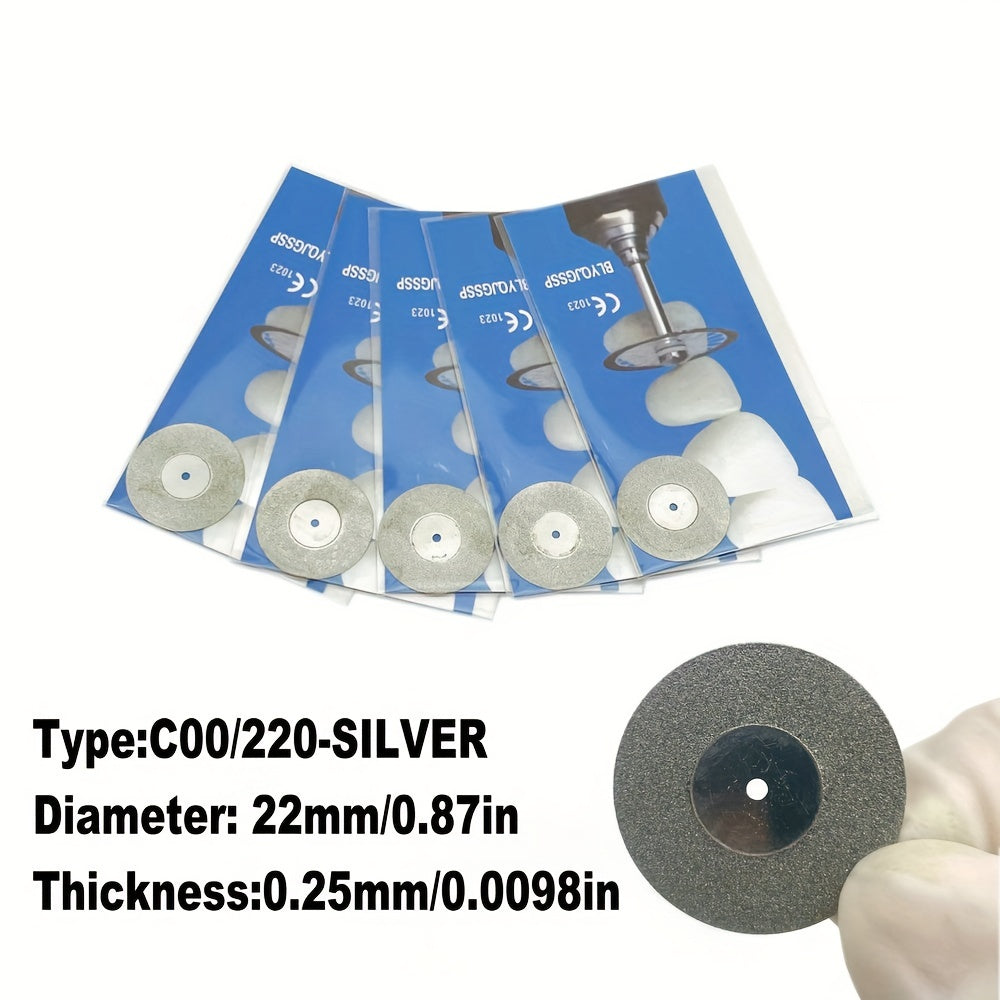 Five dual-sided diamond cutting discs for dental labs, in silver or golden, for high precision grinding and polishing.