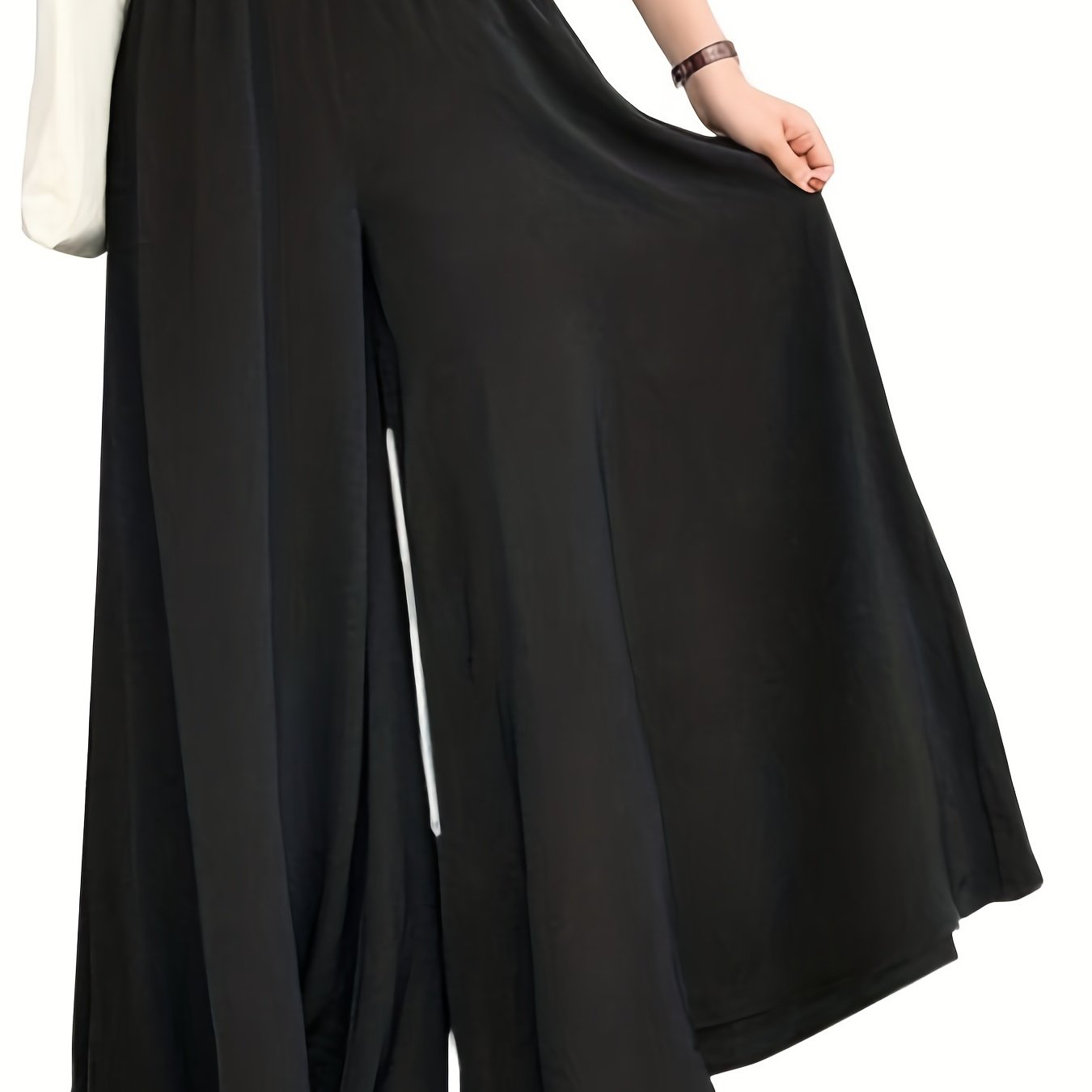 Women's Plus Size Casual Pants with Solid Color, Elastic High Rise, and Wide Leg Fit