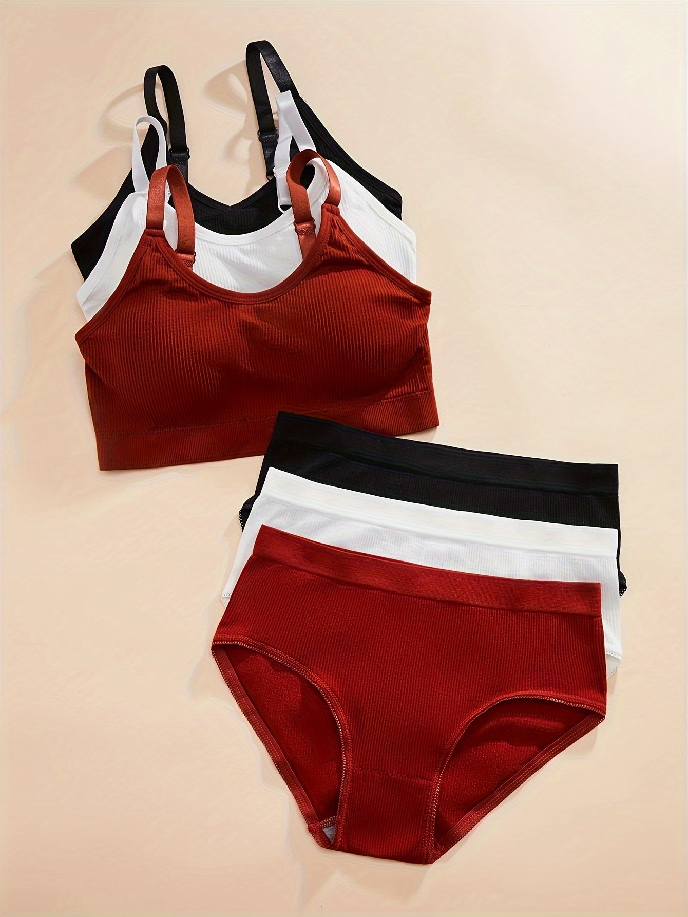 Three sets of solid color ribbed bra and briefs, a comfortable lingerie set for women.