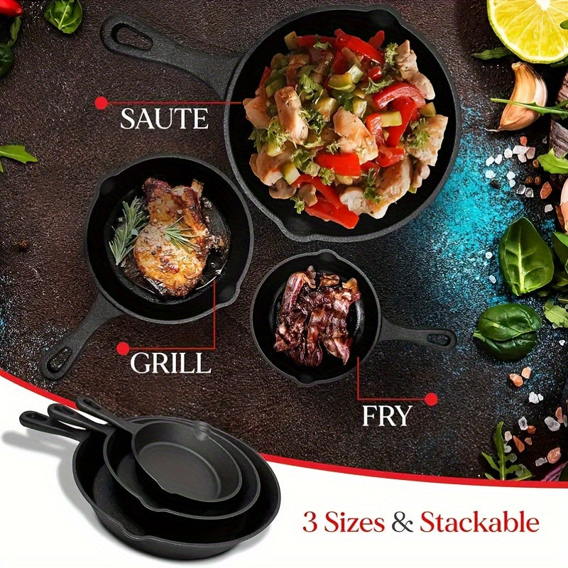 3-Piece Set of Pre-Seasoned Cast Iron Skillets - Ideal for Sauteing, Searing & Baking - Non-Stick and Versatile Cookware for Gas, Electric, Glass Top Stoves, Oven & Grill