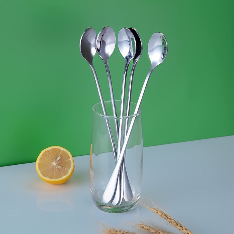 Set of 8 long-handle stainless steel spoons for stirring and mixing various beverages.