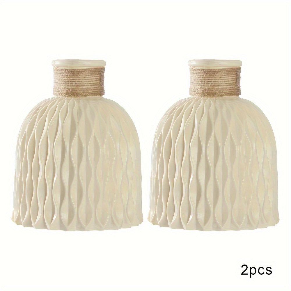 2 Bohemian white plastic vases, 14.99cm tall, for artificial flowers - ideal for weddings and home decor.