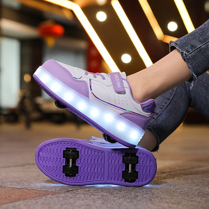 LED Light-Up Roller Skates for girls in Purple & White. Adjustable strap, Lightweight & Breathable. Ideal for outdoor fun and street style. Trendy youth sneakers with Pu Upper Skates.