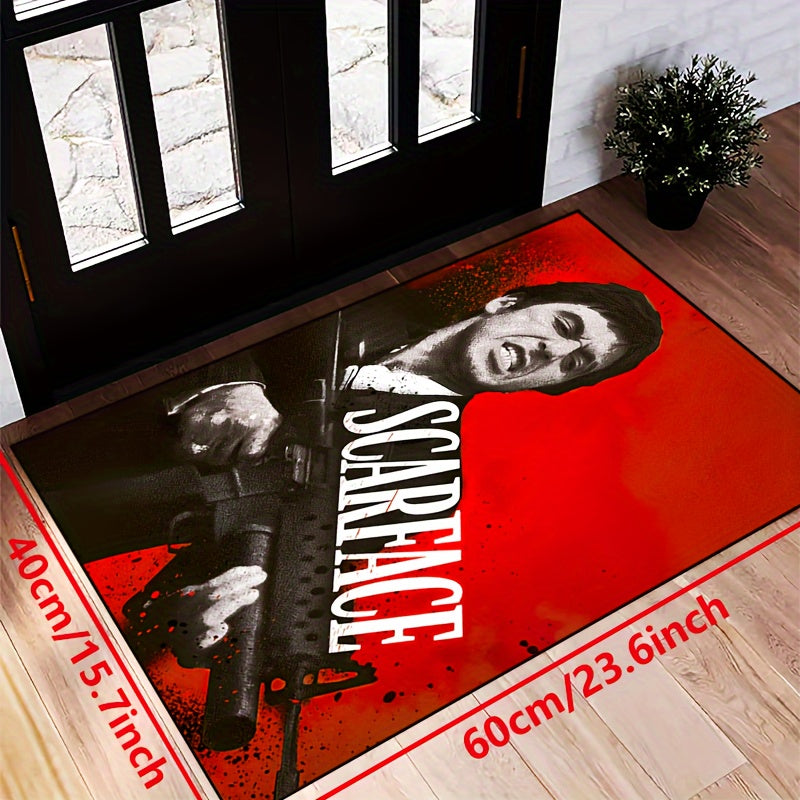 Add a touch of 'Scarface' style with this non-slip mat featuring a red background. Easy to clean and waterproof, available in multiple sizes for use in living rooms, bedrooms, entryways, outdoor patios, and gardens.