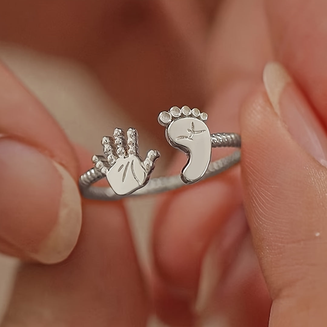 Vintage style adjustable open ring with disconnected cute palms and feet design made of 925 sterling silver, perfect for Mother's Day gifts for women. Comes with an elegant gift box.