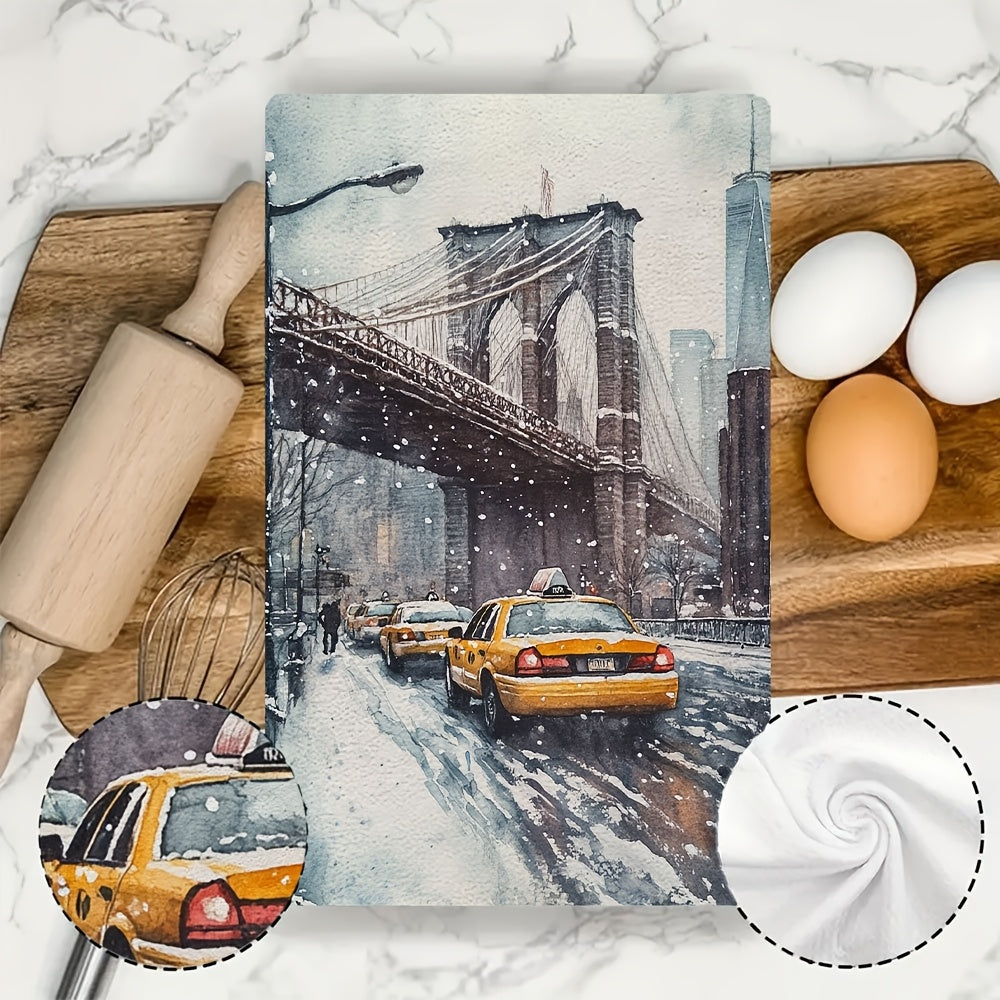 Get two ultra soft kitchen towels featuring a New York Cityscape winter scene. These highly absorbent and machine washable dish hand towels measure 40.64x60.96 cm. Add a contemporary style to your holiday decor with these absorbent dish towels made of