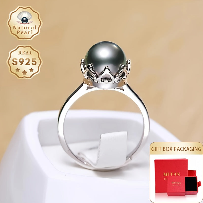 Dainty Vintage Style 925 Sterling Silver Cuff Ring featuring a Natural Saltwater Black Pearl, Adjustable Band, June Birthstone, Perfect for Everyday Wear and Gifting