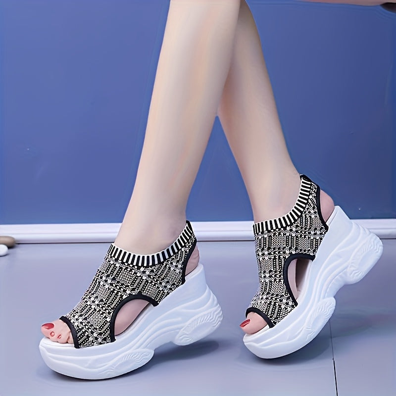 Women's casual sandals with solid color, soft sole, elastic knitted platform, and wedge heel. Ideal for vacation and walking.