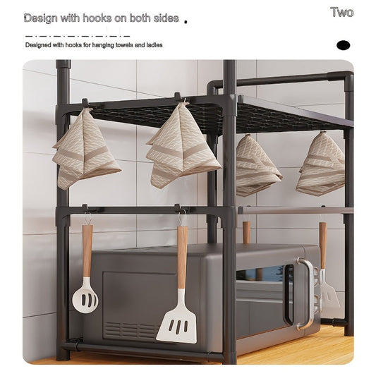 Get organized with our 1pc Kitchen Organizer Rack! This open-storage metal rack features handles and hooks, making it perfect for storing kitchen essentials. Use it as a multipurpose microwave stand, oven and toaster shelf. Made with durable plastic and