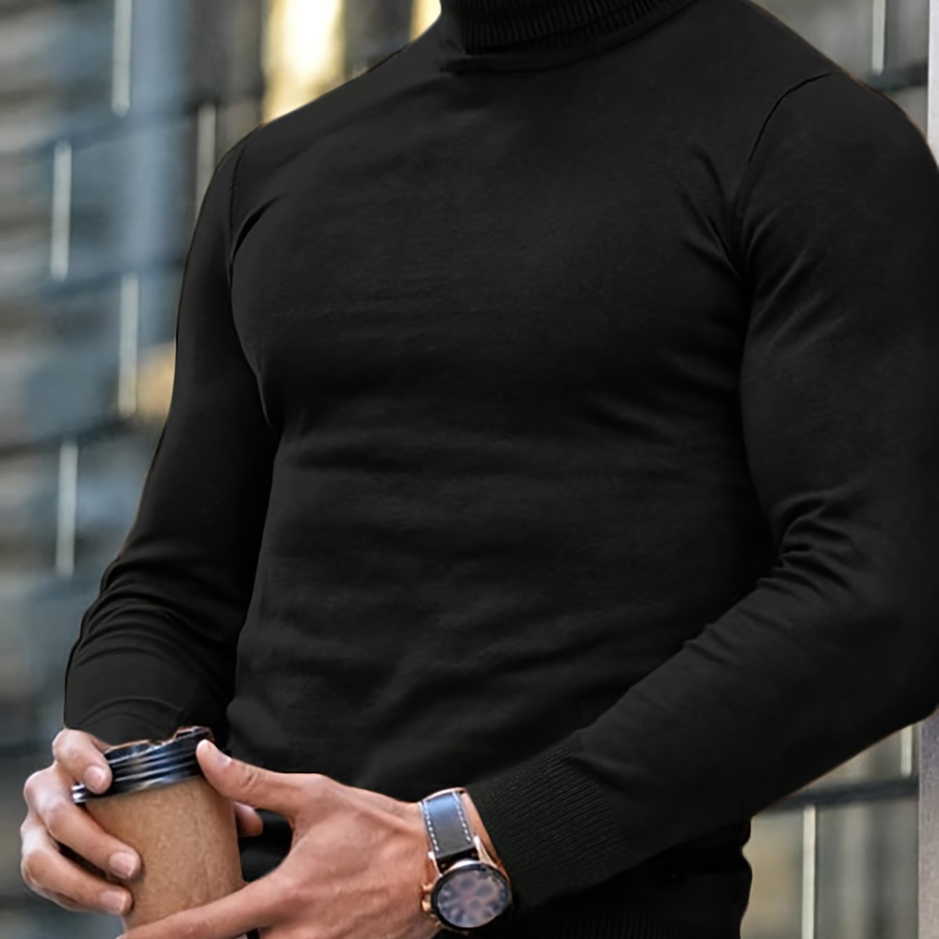 Brown turtleneck sweater for plus size men, perfect for fall/winter. Features ribbed cuffs and hem.