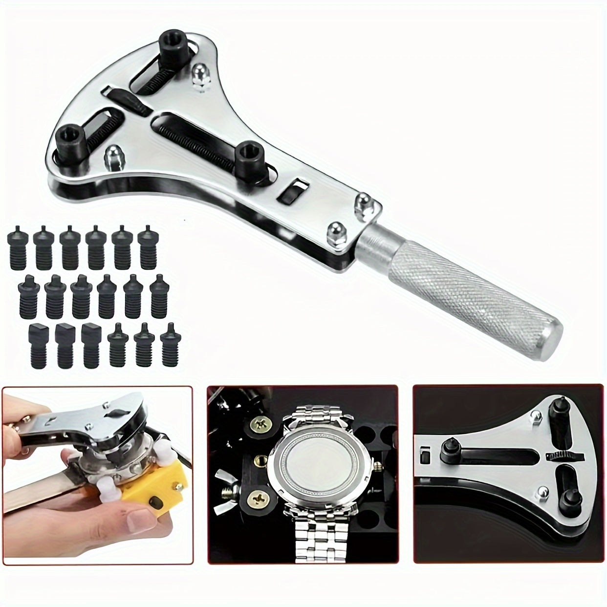 Professional Watch Repair Tool Kit, including a Watch Cover Wrench Opener, 3-point Wrench Screwdriver Box Disassembly Tool, and an 18-bit Adjustable Watch Back Cover Opener. This Waterproof tool is perfect for Watch Battery Replacement and other Watch