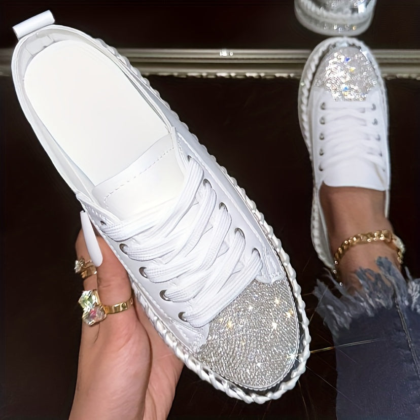 Sparkling Rhinestone Women's Sneakers, Stylish Platform Casual Shoes, Comfortable White Lace-up Flats in Plus Size.