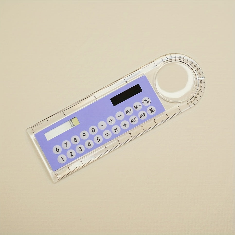 Mini Ultra-Thin Solar Calculator Ruler with Magnifying Glass - 10cm School/Office Supplies