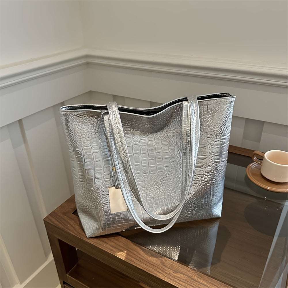 Lightweight, business casual tote with large capacity. Double handle shoulder bag made of PU material, features crocodile pattern detail, ideal for commuting and work.