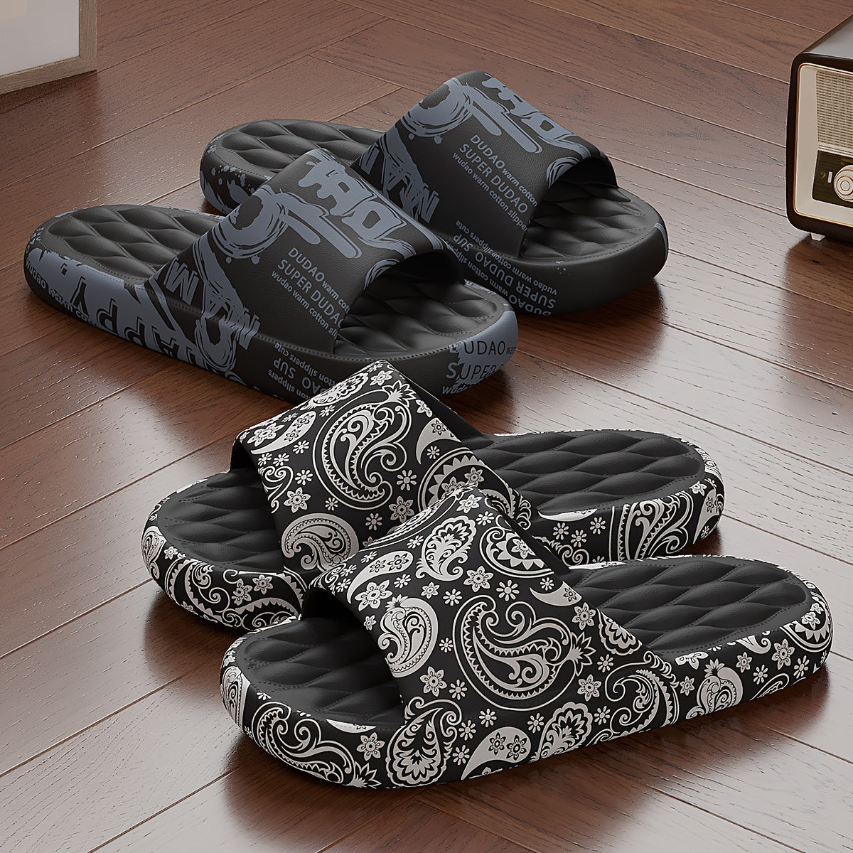 These are large size men's summer sandals that can be worn indoors and outdoors, featuring a non-slip thick sole with cartoon designs.