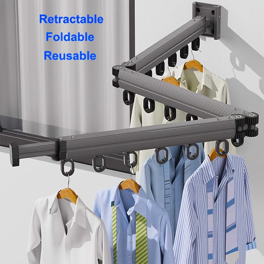 Wall-Mounted Folding Clothes Rack with Telescopic Drying Rod - Space-Saving Solution for Quilts & Clothes, Easy Installation Without Drilling, Includes Utility Hooks