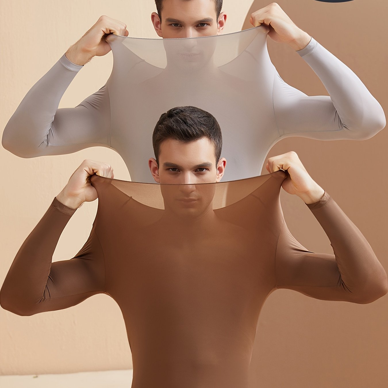 2 ultra-thin seamless thermal tops for men, ideal for fall and winter, with stretchy, comfortable base layer and round neck.